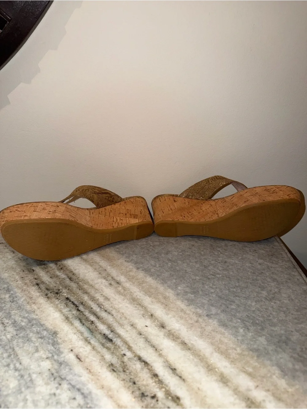 Stuart Weitzman Metallic Gold Cork Wedge Thong Sandals - Picture 3 of 4